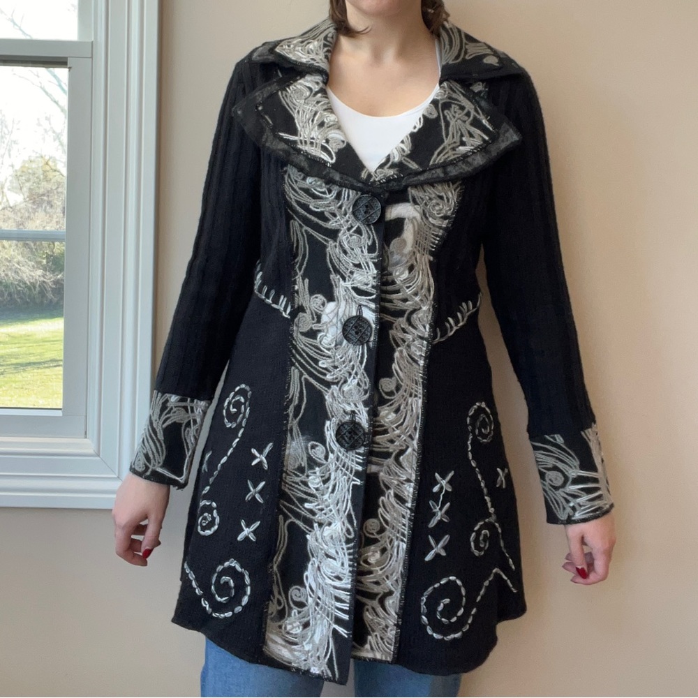 Embroidered Wool Blend Black Coat
